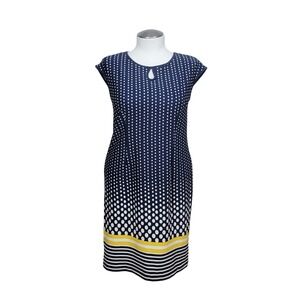 Phase Seven 7 Sheath Dress Womens Size Large Blue Polka Dot Striped Keyhole Neck